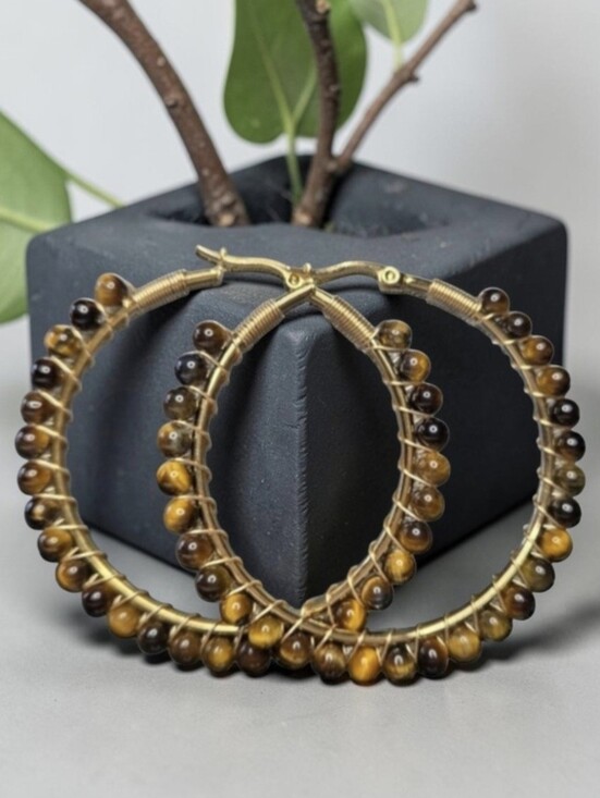 LeChic Jewelry Jewelry - New Oversized 2" 18k Gold Plated Genuine Tugers Eye Bead Hoop Earrings